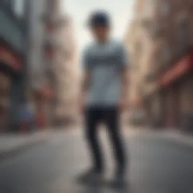 A skateboarder wearing a graphic pocket t-shirt in an urban setting