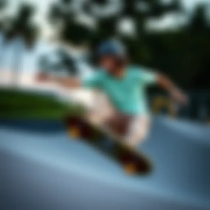 A skateboarder wearing a mint green shirt performing a trick