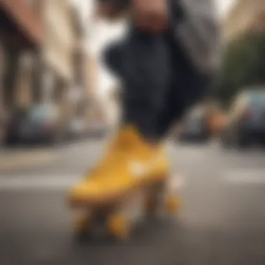 Skateboarder performing tricks while wearing Nike mustard yellow shoes