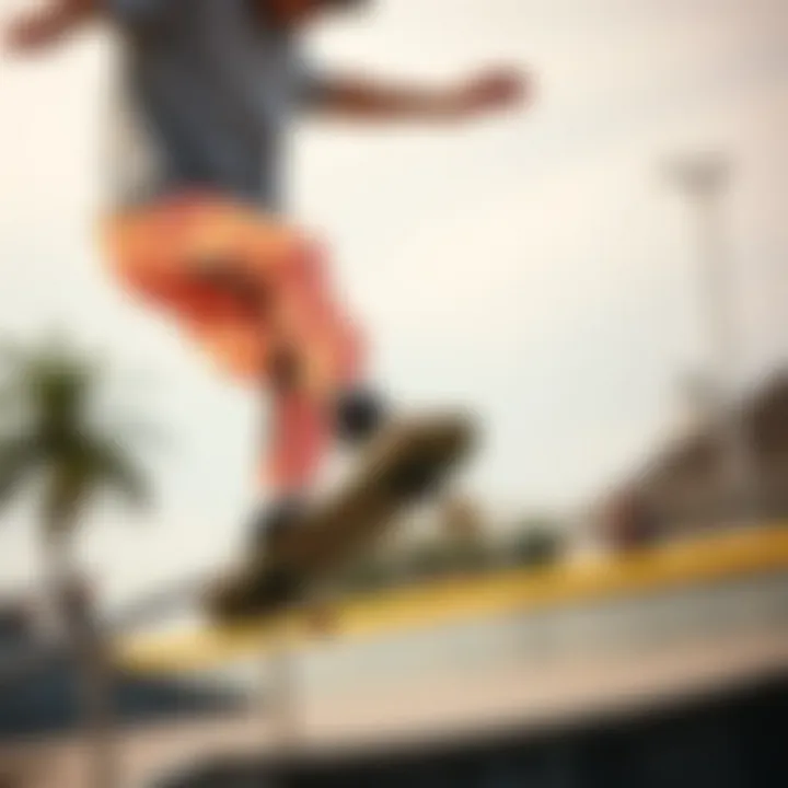 Skateboarder wearing orange and white checkered pants performing a trick