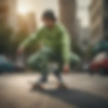 Skateboarder wearing a light green sweatshirt while performing a trick