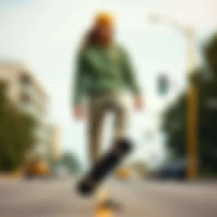 Stylish skateboarder wearing sage corduroy pants with skateboarding gear
