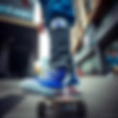 Skateboarder wearing royal blue Converse in an urban setting