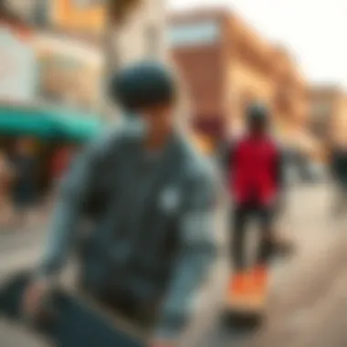 A vibrant street scene featuring skateboarders wearing Members Only racer jackets, capturing the essence of skate culture