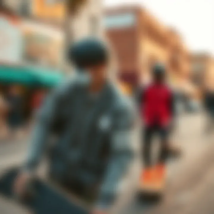 A vibrant street scene featuring skateboarders wearing Members Only racer jackets, capturing the essence of skate culture