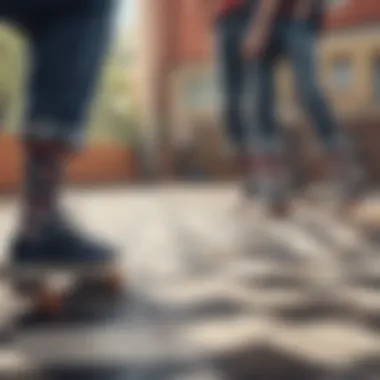 A vibrant scene showing a group of skateboarders showcasing their checkerboard socks.