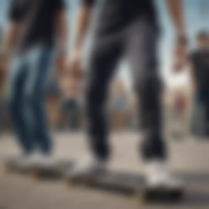 A group of skateboarders wearing various styles of skinny fit pants