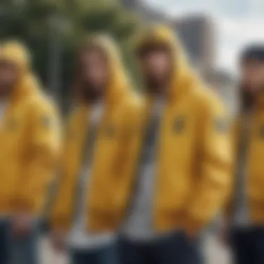 A group of skateboarders wearing the Yellow Members Only Jacket, illustrating its connection to skate culture.