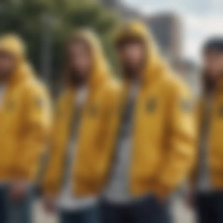 A group of skateboarders wearing the Yellow Members Only Jacket, illustrating its connection to skate culture.