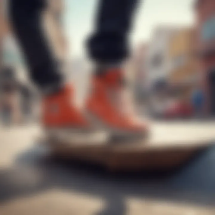 A vibrant skateboarding scene featuring individuals wearing Champion Slide on Shoes