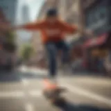 Dynamic skateboarder performing a trick in a vibrant urban setting