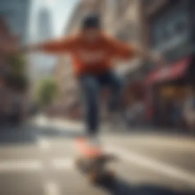 Dynamic skateboarder performing a trick in a vibrant urban setting