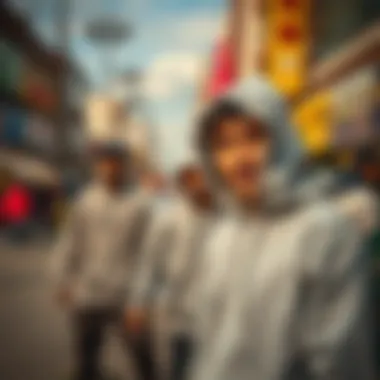 A vibrant street scene with skateboarders wearing thin grey hoodies.