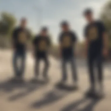 Skateboarders wearing scum t-shirts at a skatepark.