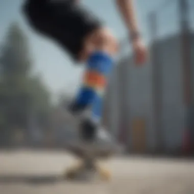 Skater wearing Adidas colored socks while performing a trick