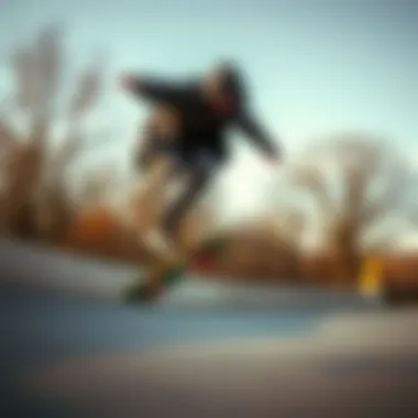 A skater wearing a black anorak jacket performing a trick