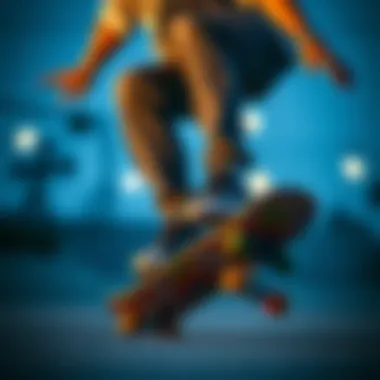 Skater performing tricks with a skateboard featuring 8.0 trucks