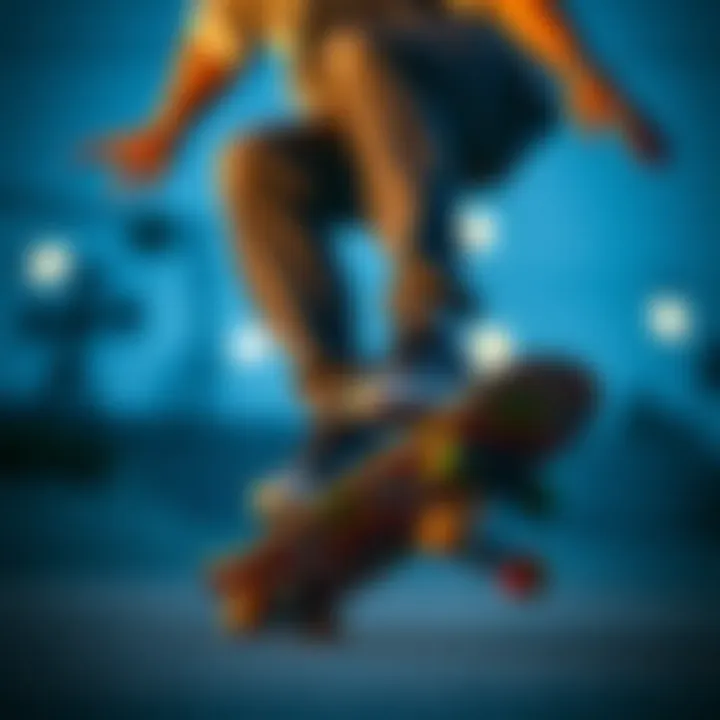 Skater performing tricks with a skateboard featuring 8.0 trucks