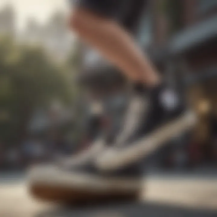 Side view of a skater performing tricks while wearing Converse platform shoes.