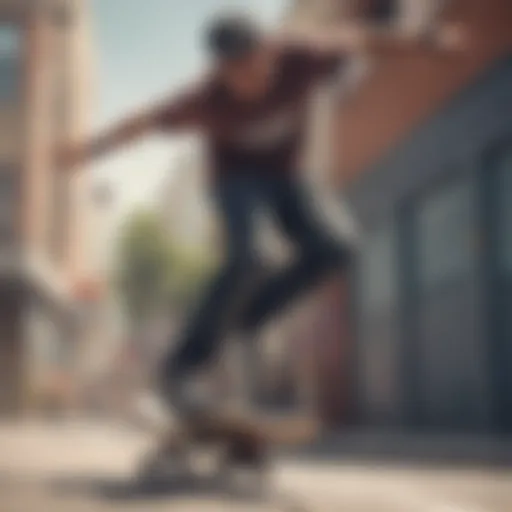 A skateboarder showcasing stylish skinny fit pants while performing a trick