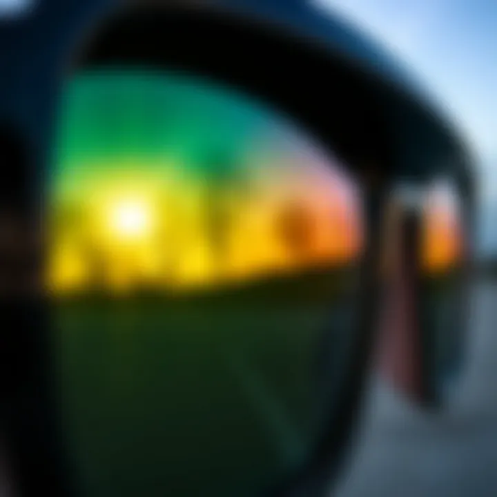 Close-up of sunglasses lenses reflecting nature