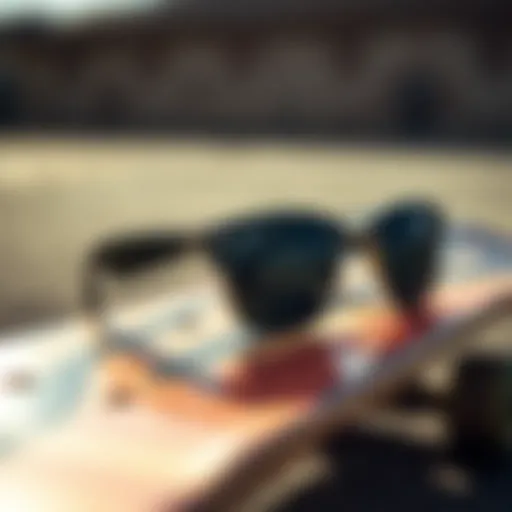 Trendy sunglasses on a skateboard deck