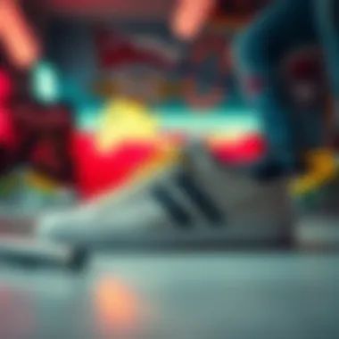 Footwear displayed in a nostalgic 1980s setting.