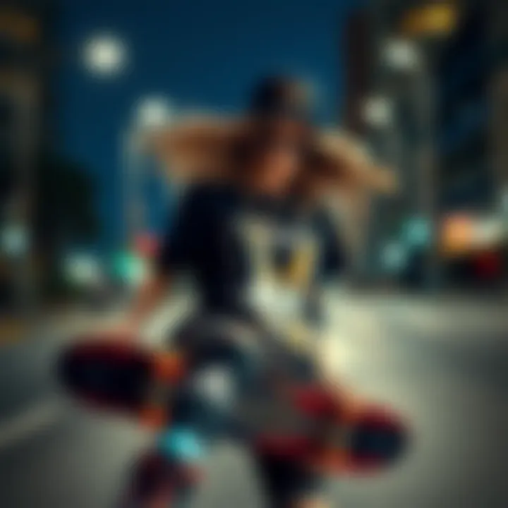 An artistic representation of street art and skateboarding elements blended with black graphic tees.