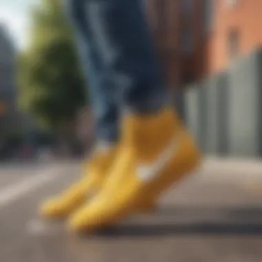 Street-style outfit featuring Nike mustard yellow shoes as the focal point