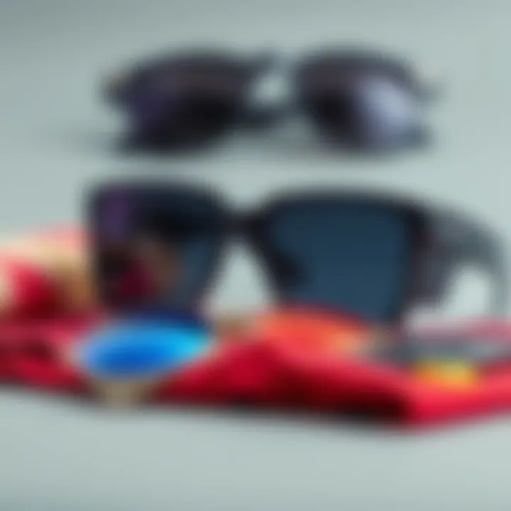 Artistically arranged black square sunglasses with fashion accessories