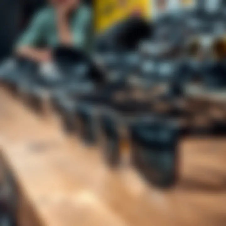 A collection of various brands of black sunglasses on display