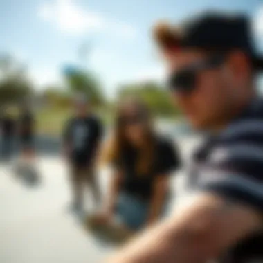 A skate park scene featuring individuals wearing black sunglasses