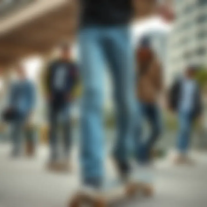 A group of skateboarders showcasing different styles of crisp jeans in an urban setting