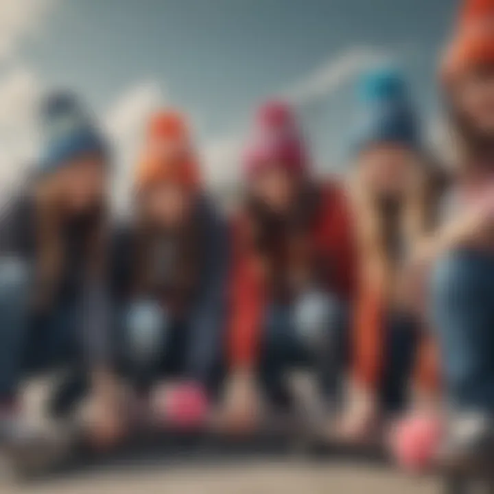 A group of skateboarders wearing beanies with pom poms, showcasing their fashion choices