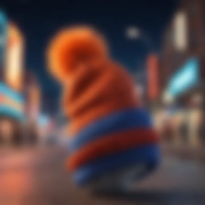 A stylish beanie with a pom pom displayed against a vibrant urban backdrop