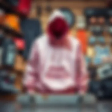 The Pink Brand hoodie displayed prominently against a backdrop of skateboarding gear and accessories.