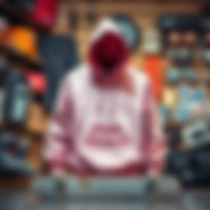 The Pink Brand hoodie displayed prominently against a backdrop of skateboarding gear and accessories.
