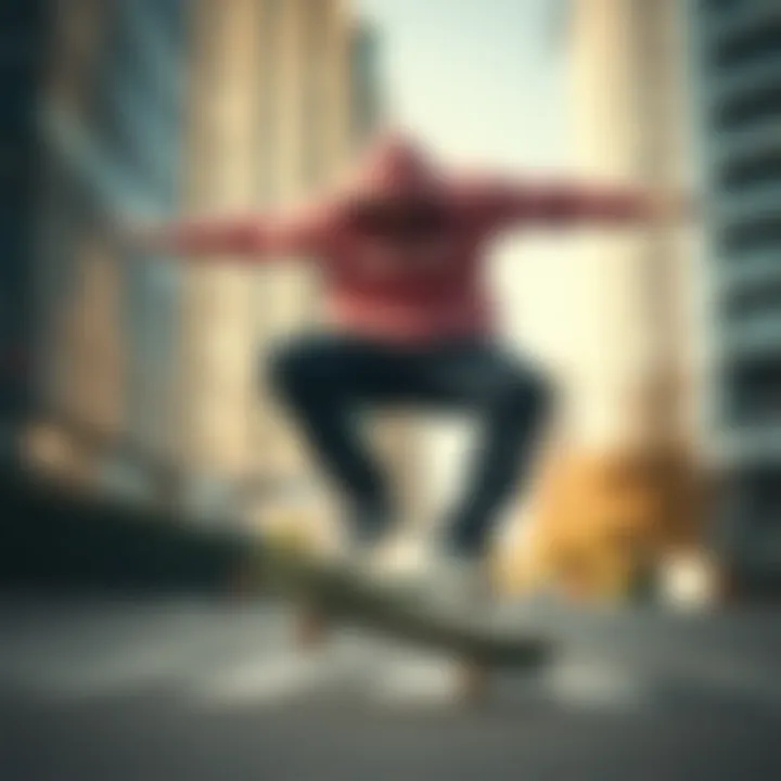 A skateboarder wearing the Pink Brand hoodie performing a trick in an urban environment.