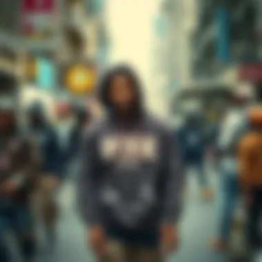 A vibrant street scene showcasing diverse individuals wearing various streetwear styles, including the Pink Brand hoodie.