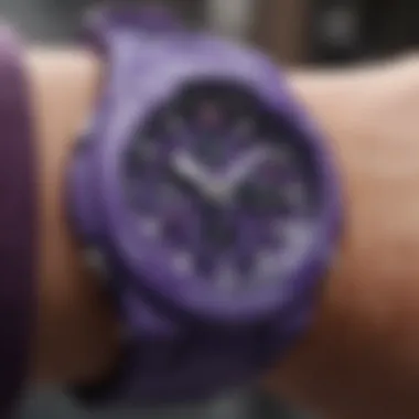 Close-up of the purple G Shock watch emphasizing its durability.