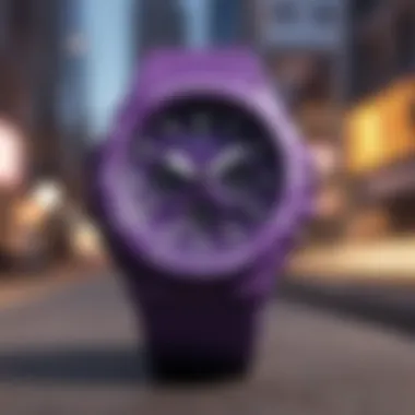 Purple G Shock watch displayed within a skateboard culture setting.