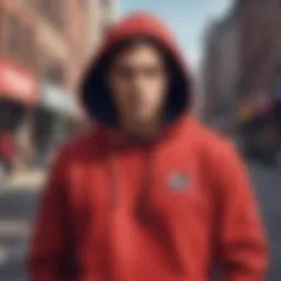 A vibrant red Tommy Hilfiger hoodie displayed against an urban backdrop.