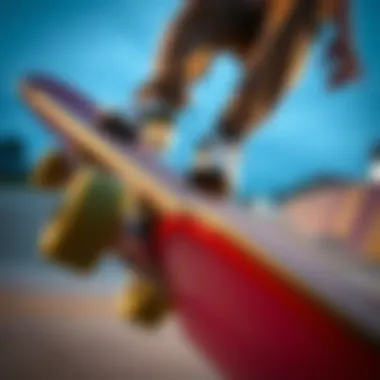 Close-up of skateboard deck during ollie