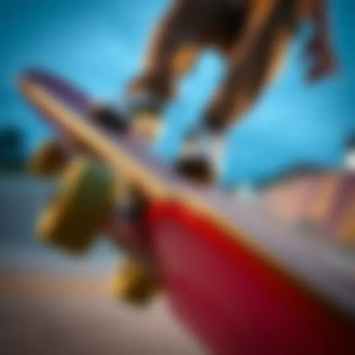 Close-up of skateboard deck during ollie