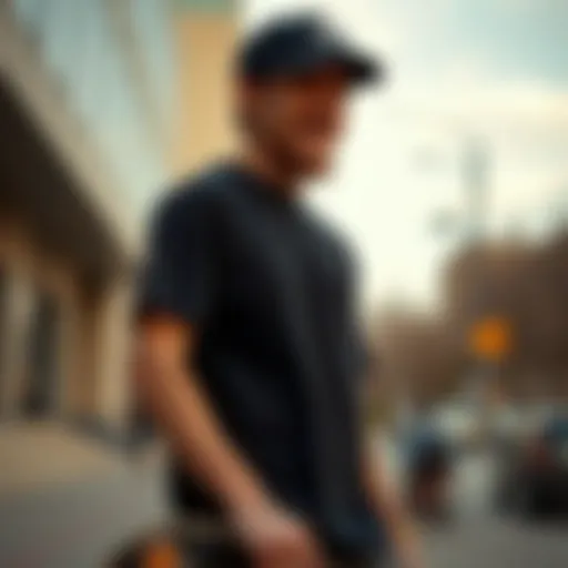 A skateboarder wearing a black pocket tee in an urban setting