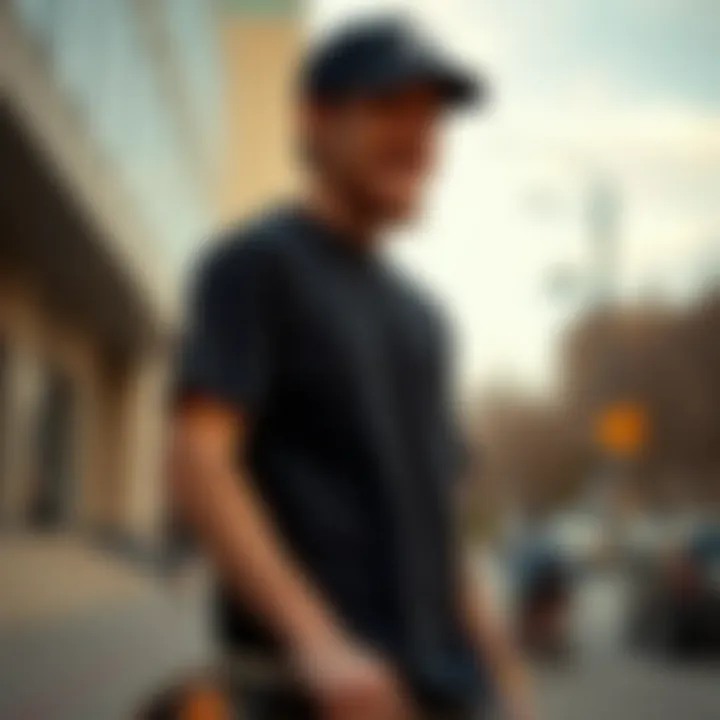 A skateboarder wearing a black pocket tee in an urban setting