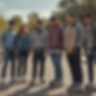 A group of skaters wearing checkered jackets, representing community and culture.