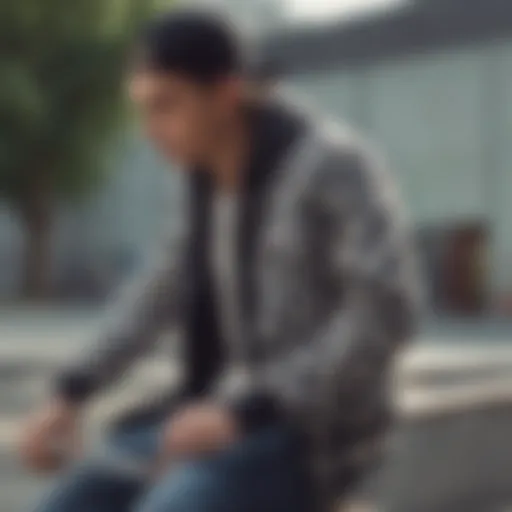 A stylish skater showcasing a checkered jacket in an urban skate park.