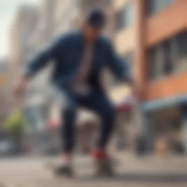 A stylish skateboarder wearing a trendy flannel shirt in an urban setting