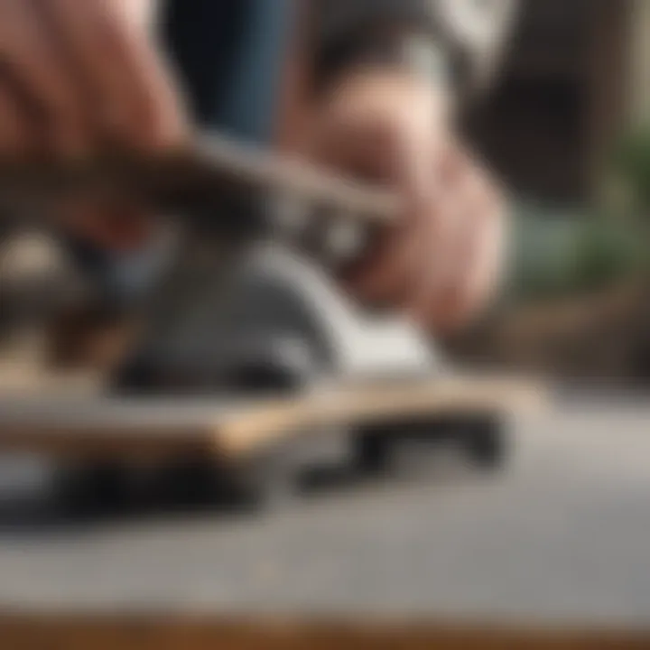 Close-up view of a skateboard on a sharpening stone